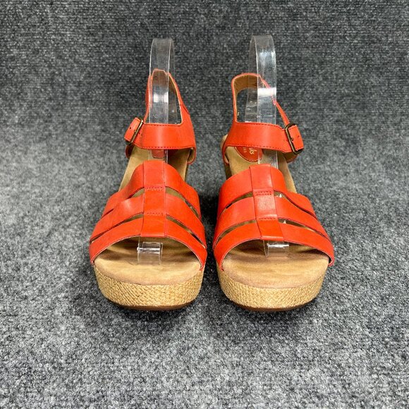 Clarks Platform Wedge Sandals Women's Size 10 Redish Orange Leather Buckle Shoes - Picture 2 of 12